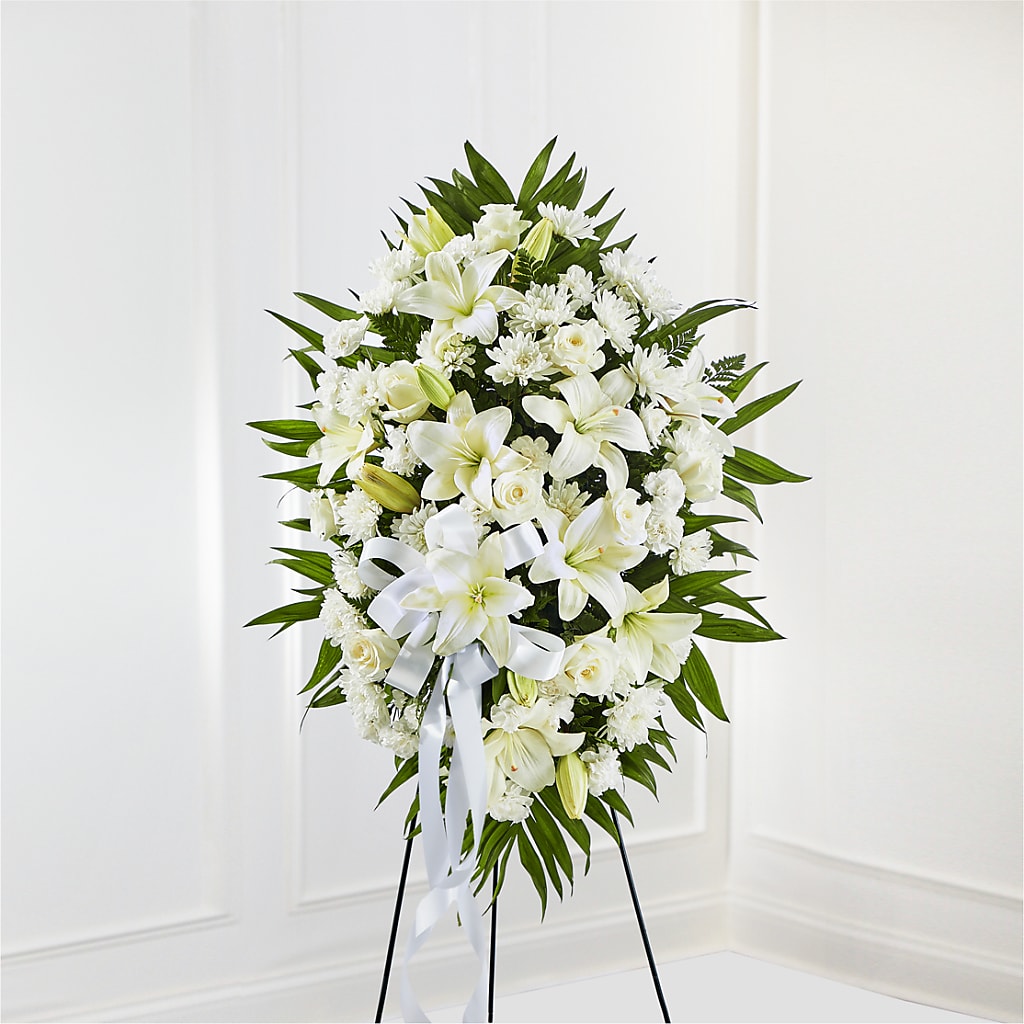 Exquisite Tribute Standing Spray-White Ribbon – Pettles Flowers, Salina KS